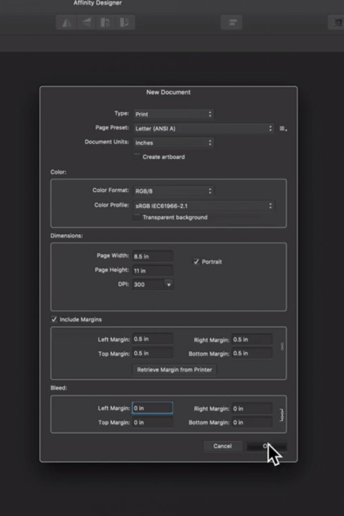 setting up your page in Affinity Designer for a printable
